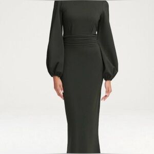 Elegant Dark Green Maxi Dress with Statement Balloon Sleeves, size medium